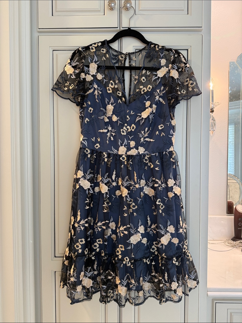 Gal Meets Glam Navy Dress with Cream Floral Embroidery - - Picture 2 of 6